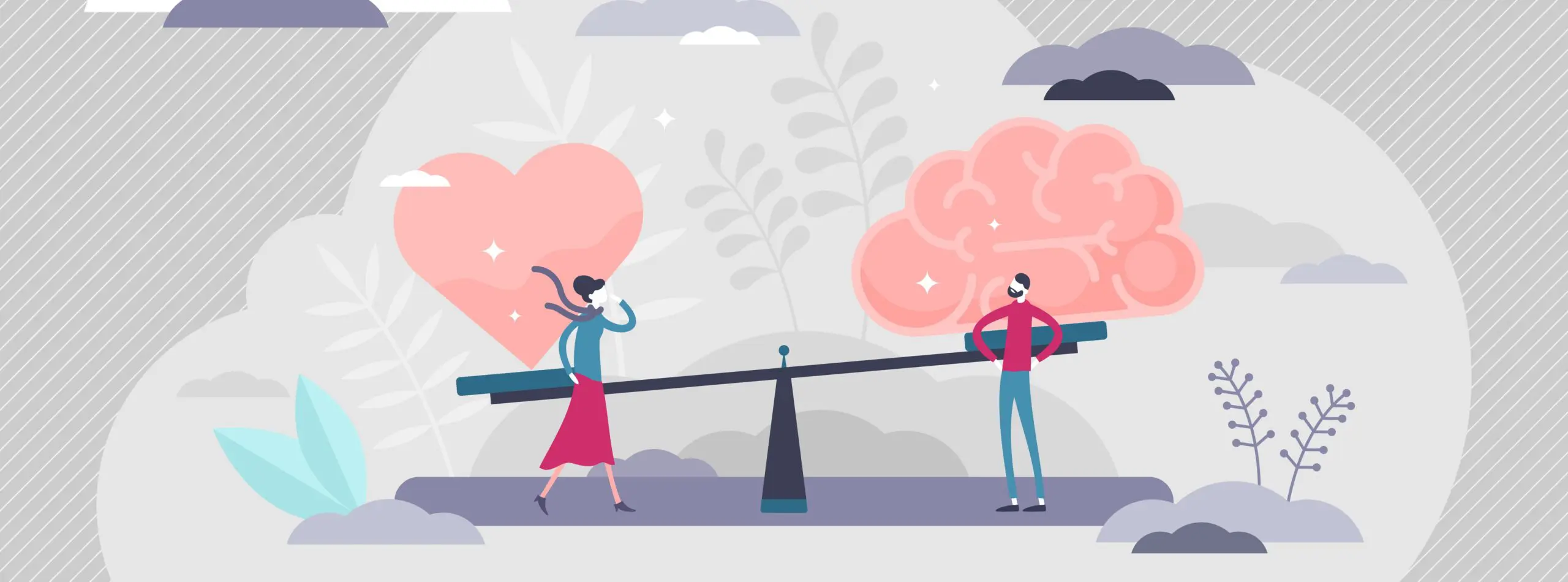 Illustration of a scale weighing a brain on one side and a heart on the other with two figures standing in front of it pondering
