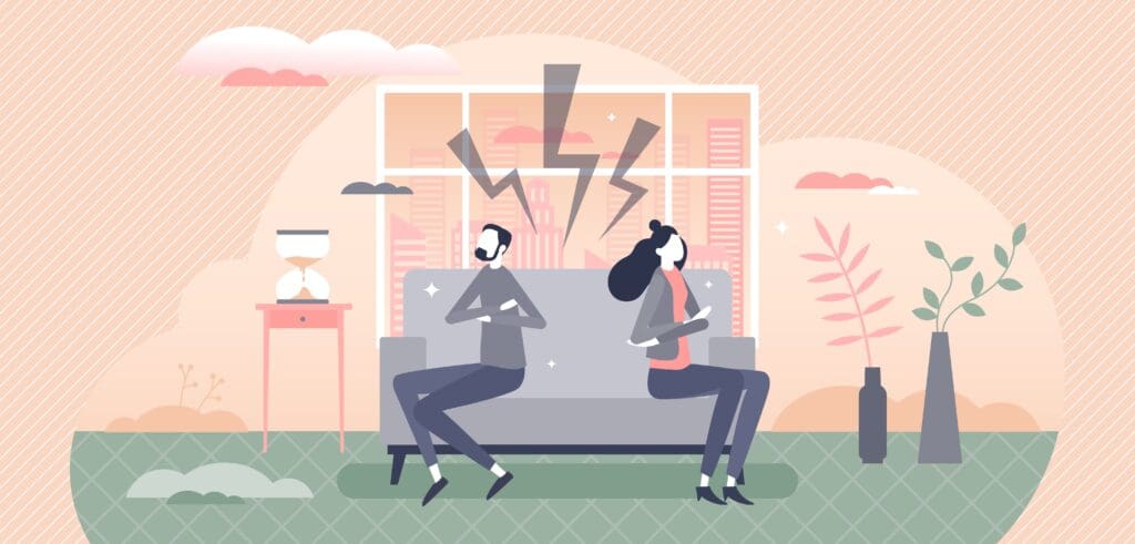 Illustration of a couple sitting on a couch facing opposite directions with tension and anger between them